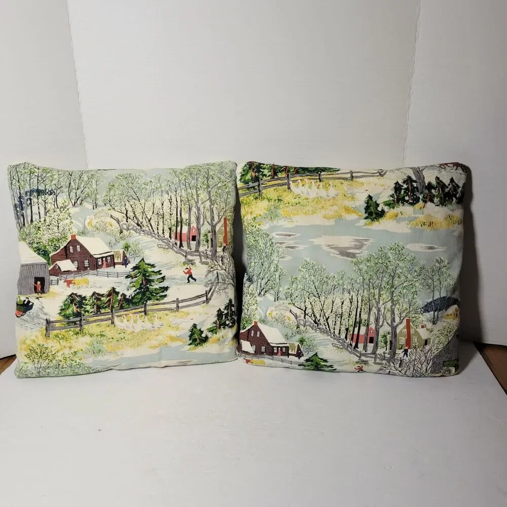 Vtg 50s Grandma Moses Early Springtime Farm Barkcloth Pillows Cushions Pair MCM